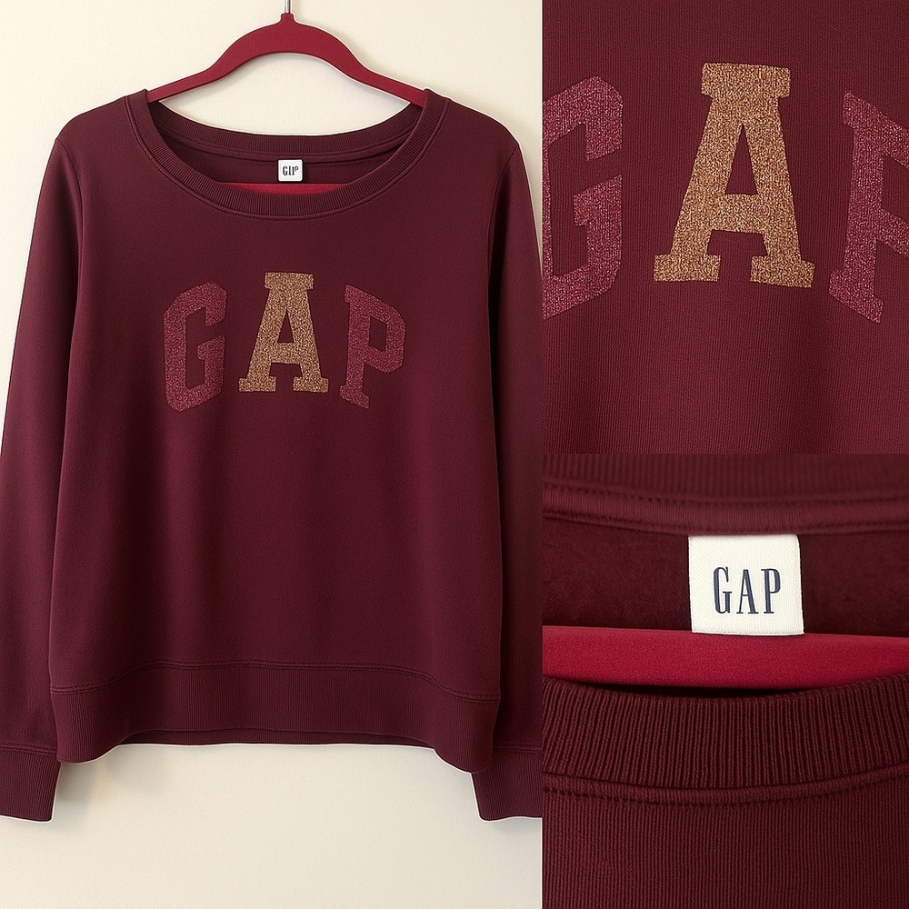 GAP Glitter Logo Sweatshirt Women's Size Large Vamp Red Crew Neck Pullover